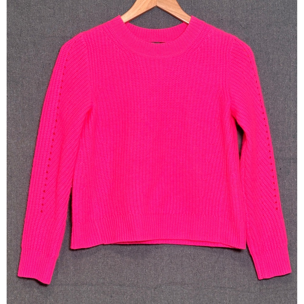 AQUA Cashmere Neon Pink Ribbed Crewneck‎ Sweater Womens XS Pointelle Eyelet